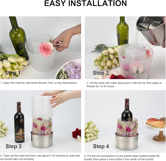 Ice Mold Wine Bottle Chiller Champagne Ice Bucket Mold, DIY Ice Mold with Flowers Fruits Theme Decors for Wine Champagne Cocktails, Wine Bucket Chiller for Parties Bar Wedding Festival Holiday