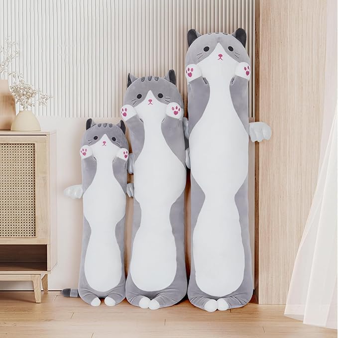 Soft Cat Plush Pillow, Grey Long Cat Stuffed Animals Soft Long Kitten Plushies Kawaii Cat Stuffed Plush Toy for Kids Girlfriend(50cm/19.6inch)