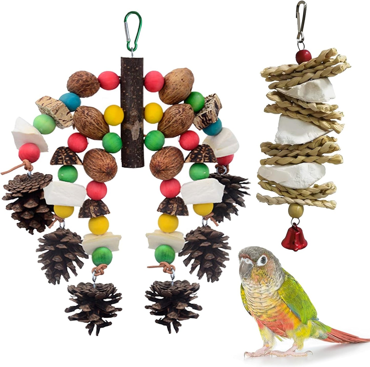 kathson Parrot Chew Toys, Medium Size Natural Wooden Bird Toys with Colorful Blocks, Hanging Bird Cage Accessories for Cockatiels, Conure, Cockatoos, 2 Pack (Style B)