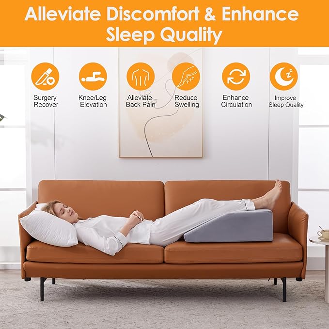 Leg Elevation Pillows for Sleeping, Memory Foam Wedge Pillow for Legs, Knee Wedge Pillow for After Surgery, Swelling, Back Pain and Circulation, Non-Slip Bottom, Removable Cover (10 Inch)