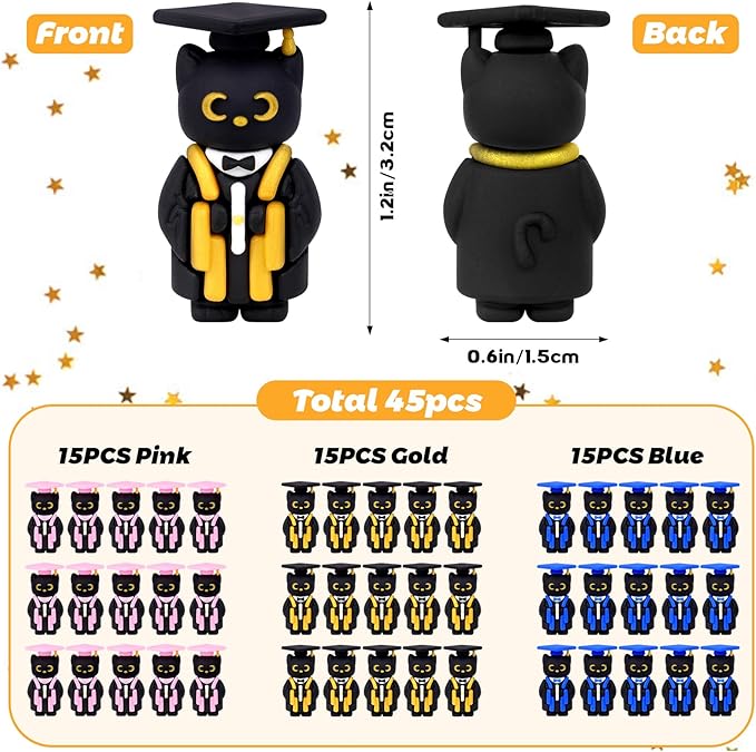 Graduation Gifts Set Class of 2025, 45 PCS Black Cat Figurines with Cap Diploma, PVC Mini Cat Resin Hide Prank Figures for Storage Bag for Student Gifts Party Favor