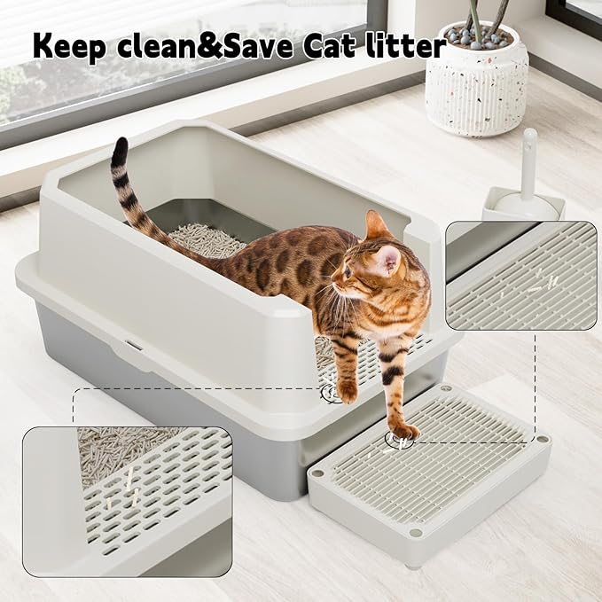 RIZZARI Open Cat Litter Box: Large Beige Stainless Steel Litter Pan 23.8" x 15.9" x 12.4" - High Sided Splash-Proof Easy Clean Toilet for Cats up to 20 lbs - Ideal for - Laundry Areas - Apartments