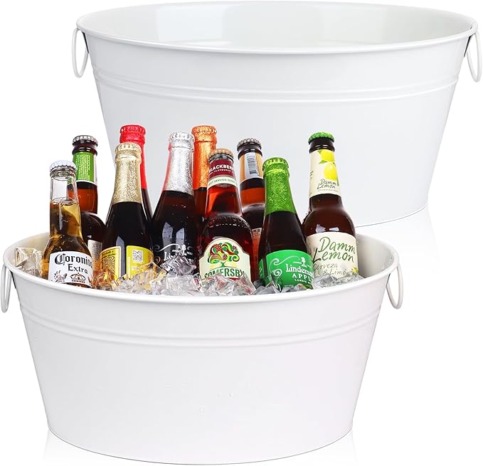 Ice Bucket, Oval Beverage Tub, Galvanized Bucket and drink Cooler for Parties, Ice Tub with Handles for Beer Sparkling Whisky Wine Cocktails (3.5gal) (White*2)