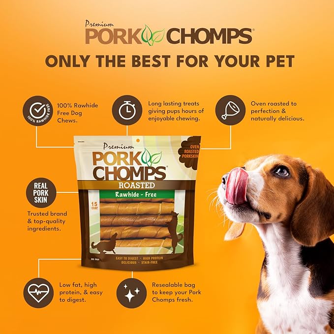 Pork Chomps Roasted Pork Skin Dog Chews, 6-inch Twists, 15 Count (Pack of 2)