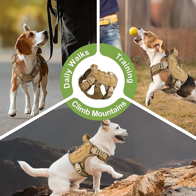 WINGOIN Tactical Dog Harness for Small Dogs, Heavy Duty No Pull Harness with Handle, Adjustable Reflective Military K9 Pet Vest for French Bulldog, Pug, Walking, Training, Hunting, Khaki (S)
