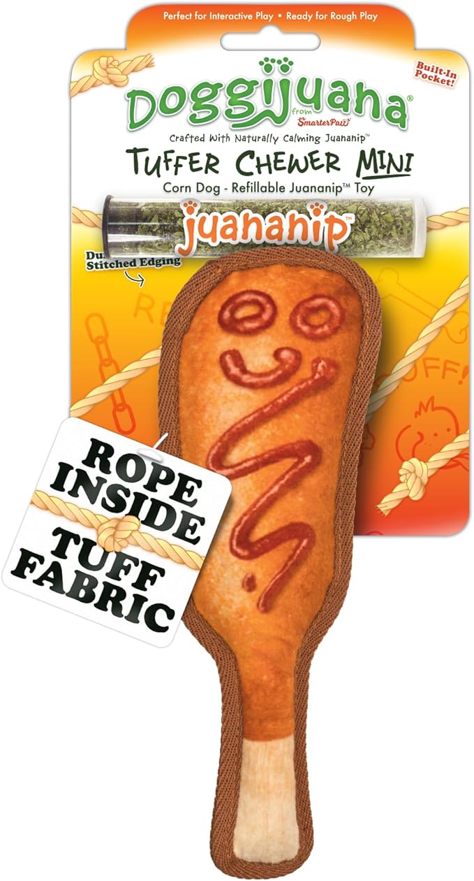 Doggijuana Tuffer Chewer Mini Plush Dog Toy | Funny Dog Toy Plush with Juananip Catnip for Dogs | Calming Aid for Dogs | Interactive Squeaky Chew Toy for Play (Corn Dog)