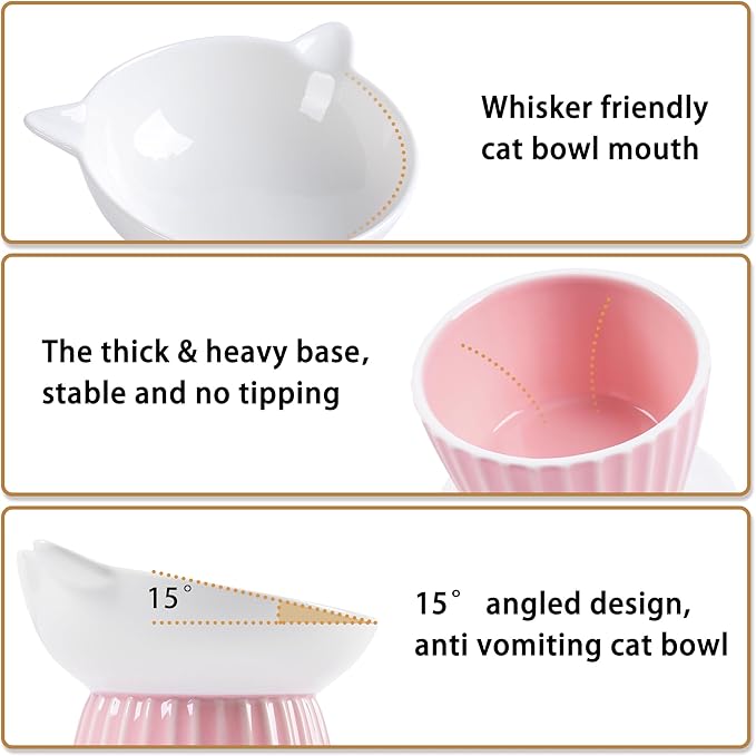 Ceramic Raised Cat Bowl，Tilted Raised Bowl Anti Vomit Bowls for Indoor Cats Whisker Friendly Pet Feeder for Cats Puppies, Microwave and Dishwasher Safe