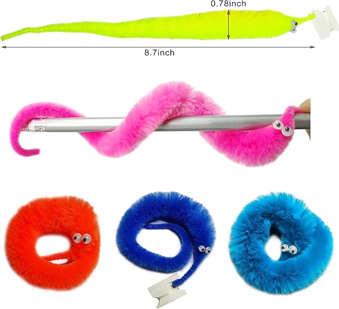 24 Pieces Fuzzy Worm Toys, String Worm Pets Fuzzy Worms On String Bulk Trick Toy Party Favors for Kid Cat (6 Colors)