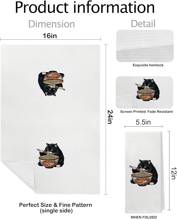 Black Cat Kitchen Hand Towels Bathroom Decor, Funny Japanese Noodle Cat Dish Towels Tea Towels for Kitchen,16x24 Inch