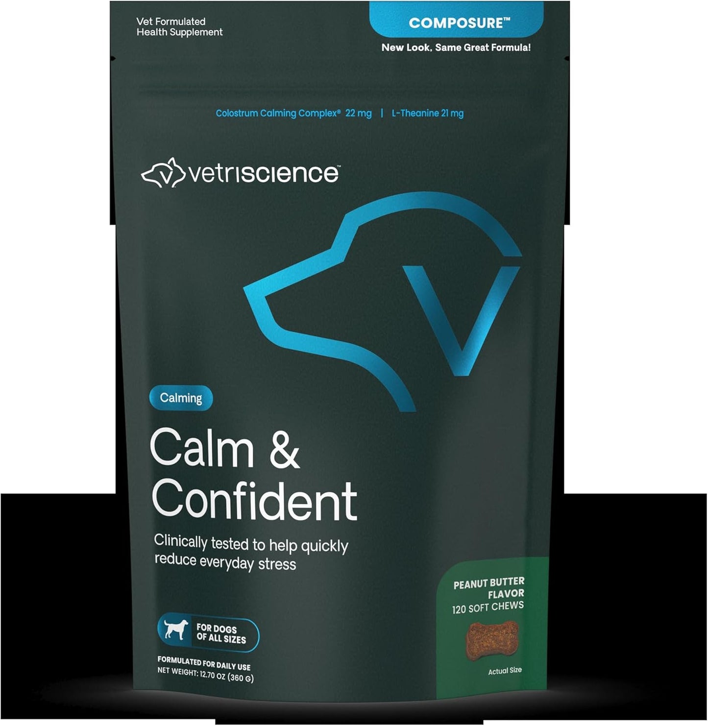 VetriScience Calm & Confident Chews, Composure Clinically Tested Calming and Anxiety Supplement for Dogs, Reduce Stress and Fear, for Thunderstorms, Fireworks and Travel, Peanut Butter, 120 Count