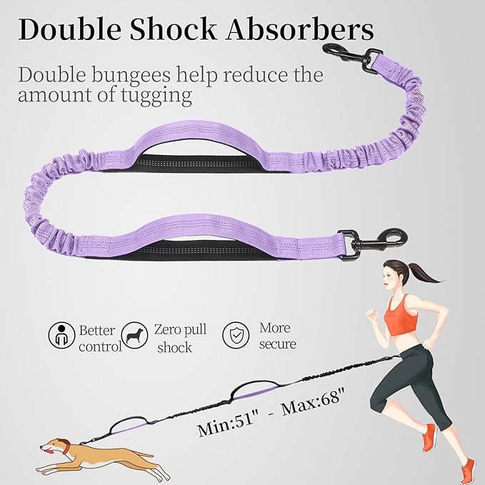 iYoShop Hands Free Dog Leash with Zipper Pouch, Dual Padded Handles and Durable Bungee for Walking, Jogging and Running Your Dog (Lavender, 8-25 lbs, Medium)