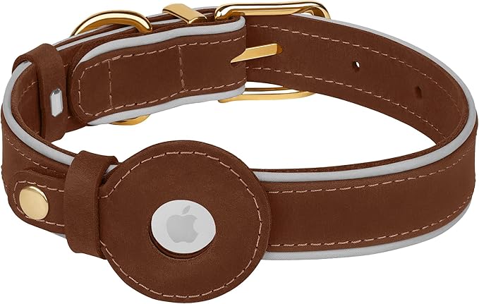 OOPSDOGGY Reflective Geniune Leather Airtag Dog Collar Soft Padded Collars for Small Medium Large Breed Dogs Puppy, 4 Sizes, 7 Colors (Brown, Large, 15"-19")