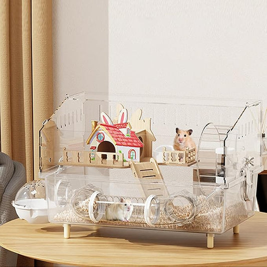 Large Hamster Cage 17x11x13 Inch Acrylic Habitat - Multi-Level Enclosure for Dwarf/Syrian Hamsters, Mice & Gerbils (Ventilated Design & Removable Base) (Red Villa, 17x11x13)