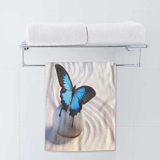 AOYEGO Butterfly Hand Towel Butterfly in Japanese Rock Garden Pink Flowers Blossom Decorative Soft Highly Absorbent Bath Towels Home Hotel Spa Bathroom Towel 15x30 Inch