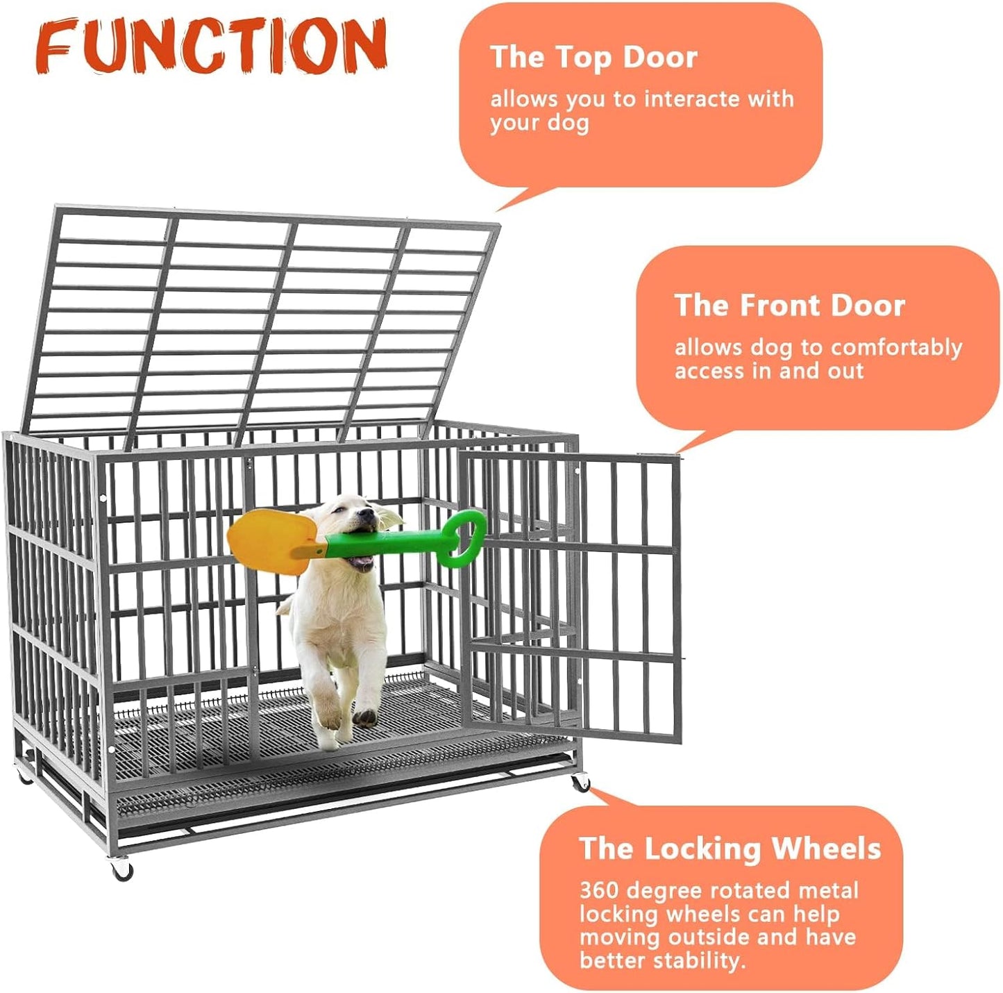 LEMBERI 42 inch Heavy Duty Indestructible Dog Crate, Escape Proof Dog Cage Kennel with Lockable Wheels,High Anxiety Double Door Dog Crate,Extra Large Crate Indoor for Large Dog with Removable Tray
