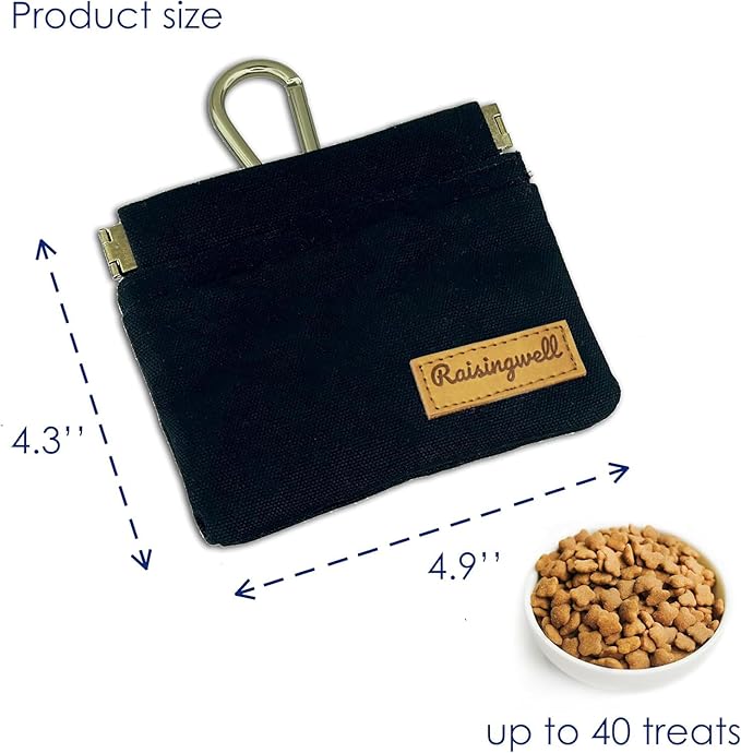 Dog Treat Pouch, Black Pocket Sized Pet Training Pouch, Cotton Fabric, Hand Free Dog Walking Bag with Carabiner, Self-Closing Pet Feed Snack Reward, for Pet Puppy Travel or Outdoor Use
