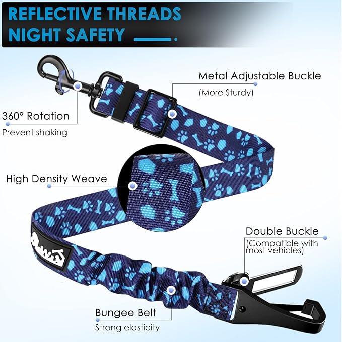Lukovee Dog Seatbelt Leash for Cars, 2 Pack Pet Safety Car Seat Belt with Adjustable Buckle & Reflective Bungee, Connect Dog Harness in Vehicle Car Dogs Restraint Travel Daily Use (Blue Paw)