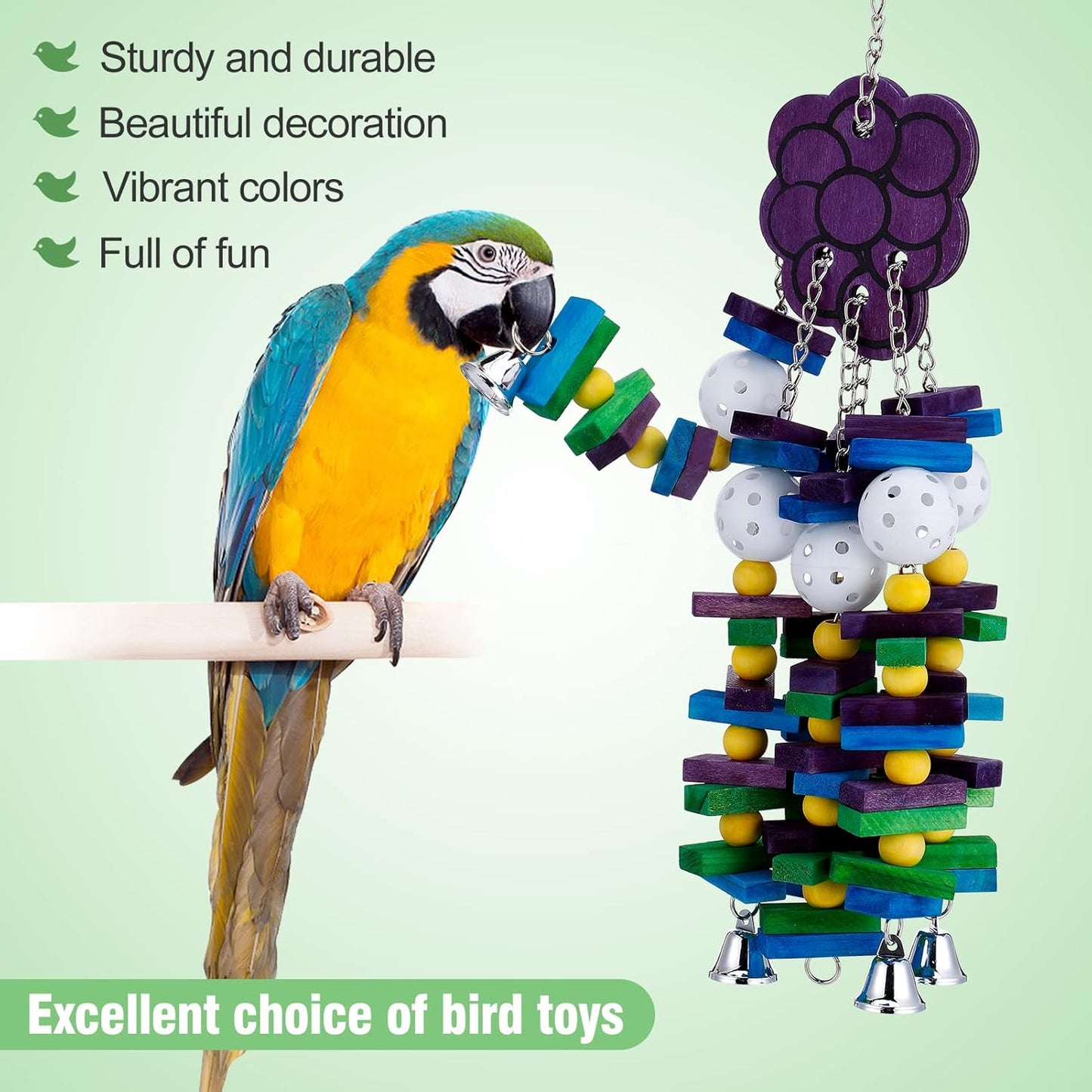 Large Bird Parrot Toys with Bells- Parrots Cage Chewing Toy Gift with Colorful Wood Blocks Beads- Bird Parrot Chewing Sticks Toys for Cockatoos African Grey Macaws and Amazon Parrots(Grape Style)