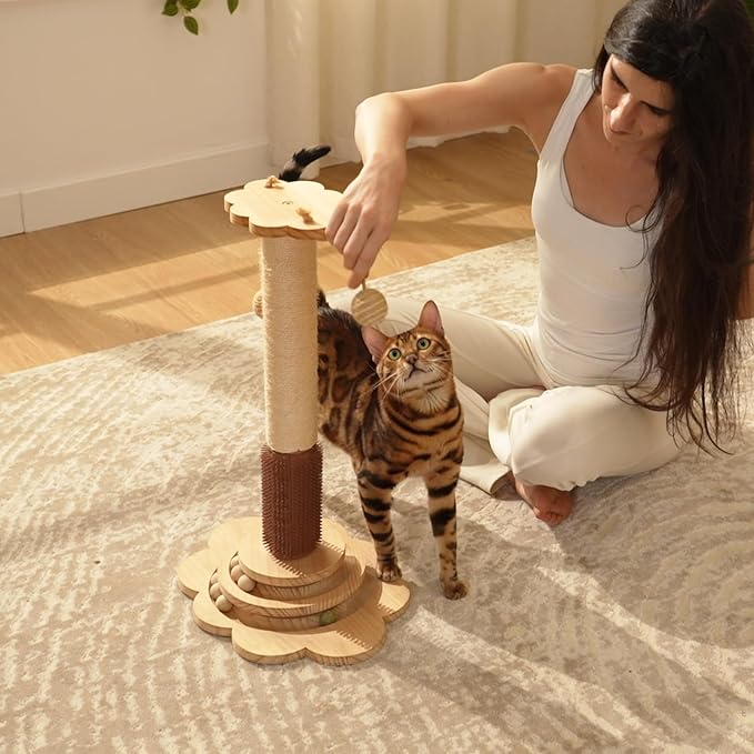 Cat Sisal Scratching Post, 4 in 1 Wooden Cat Scratcher Toy with Groomer, 24" Tall Scratch Post with 2-Layer Interactive Track Balls, Cat Climbing Tree with 2 Hanging Balls for Kittens