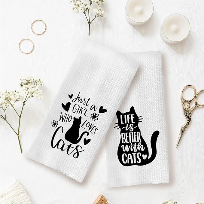Cat Kitchen Towels,Just A Girl Who Loves Cats Kitchen Towels 16x24 Inches Set of 2,Funny Cat Decorative for Kitchen,Gifts for Cat Lovers