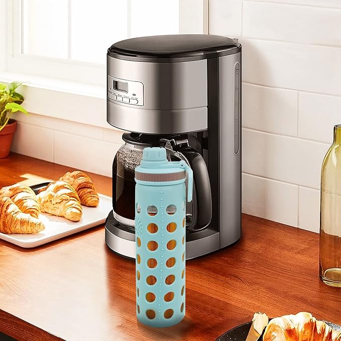 Modern-Depo 20oz Clear Glass Water Bottles Extra Lid Odor Proof and Stain Resistant Wide Mouth Reusable Fitness Sports Bottle with Sleeve, Motivational Water Jug, Blue