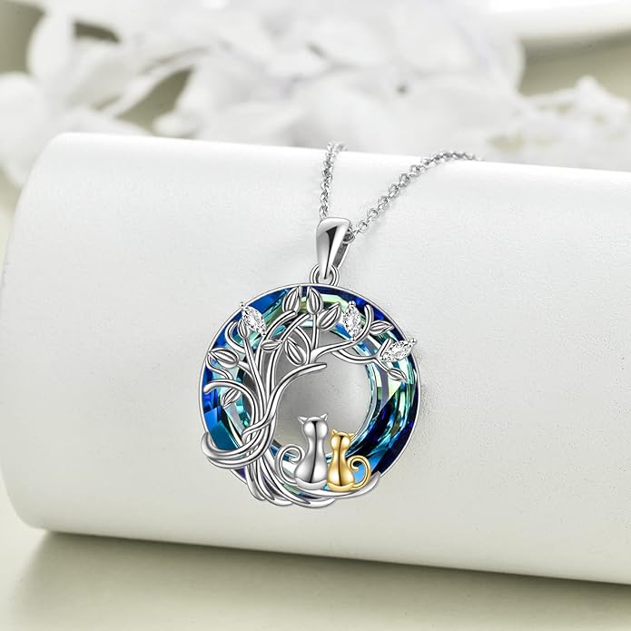 925 Sterling Silver Moon Black Cat Necklace for Women - Tree of Life Jewelry with Abalone Stone - Cat Lover Birthday Gift