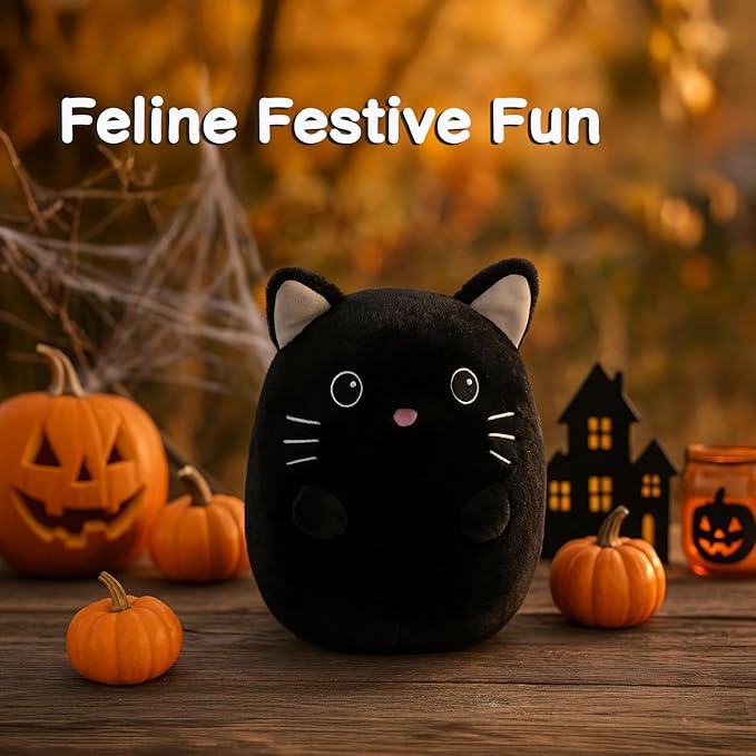 Black Cat Kitty Stuffed Animals Plush Toys with Embroidered Eyes for Boy Girl Baby Halloween Decoration Pillow Cushion Sofa Housewarming Gifts