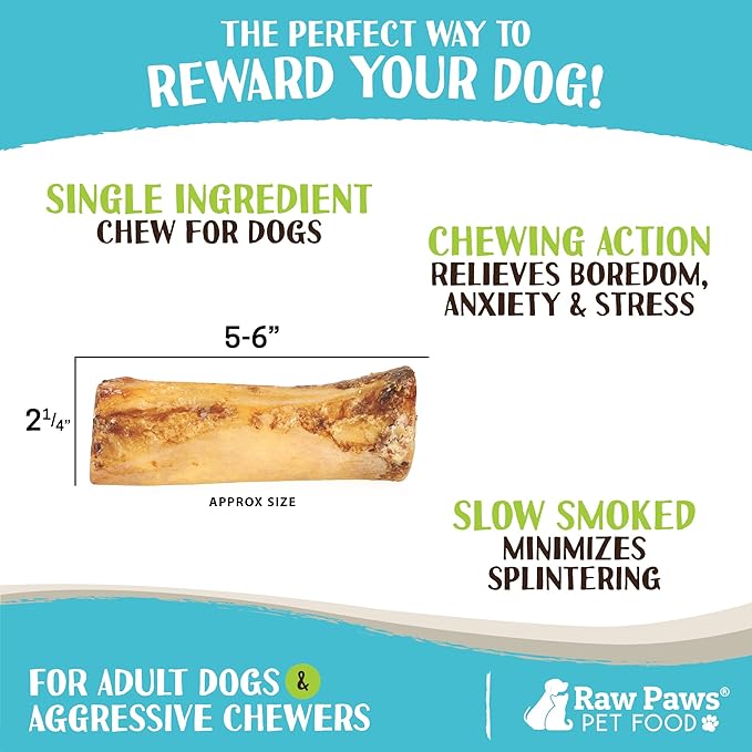 Raw Paws Smoked Beef Marrow Bones for Dogs - 6-Inch (4-Count) Packed in USA - Beef Bones - Bone Marrow Treats for Dog - Dog Chew for Aggressive Chewers