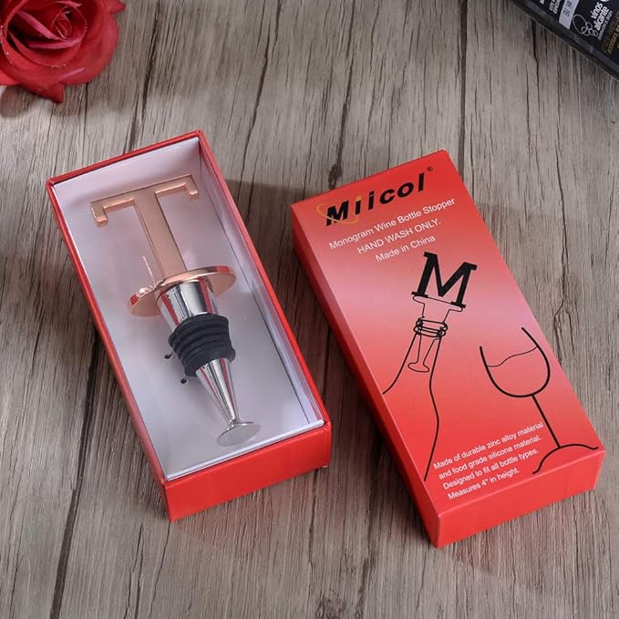 Miicol Wine Stoppers for Wine Bottles Toppers, Monogramm Cute Wine Accessories Gifts for Family Friends Women or Engagement Decorative, First Name Initial Letter T, Rose Gold
