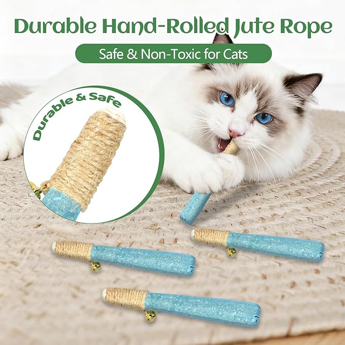 4 Pack Hand-Rolled Catnip Sticks with Chew Rope & Bell -Shaped Cat Toys for Indoor Cats and Kicker Toys, Teething Chew and Play Fun (Blue)