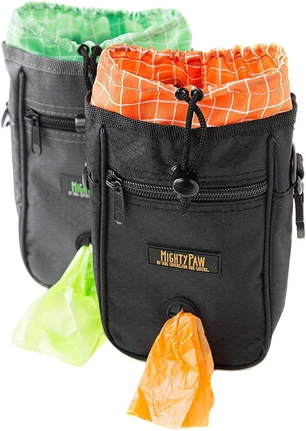 Mighty Paw Dog Treat Bag - Drawstring Closure Pouch - Includes Carabiner Hook and Pick-up Bags - With Reflective Belt - Dog Training Treats Pouch (Black)