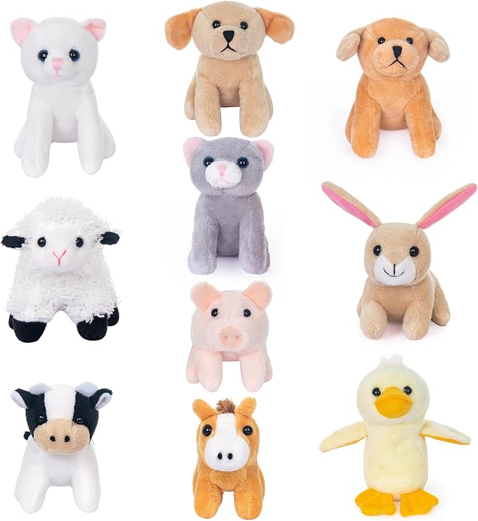 My OLi 10 Pack Plush Farm Animals Toys Stuffed Animals Bundle 3.5 Inch Cute Small Stuffed Animal Bulk Plush Toys for Kids, Plush Cat Dog Duck Rabbit Pig Sheep Cow Horse
