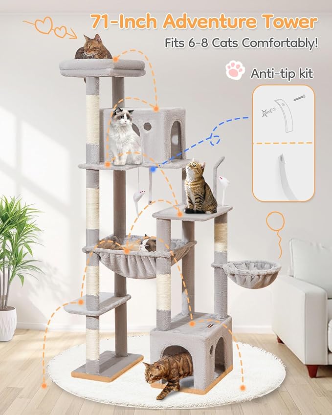 Taoqimiao 71 Inches Cat Tree for Indoor Cats Large Adult, Multi-Level Tall Cat Tower, 2 Cat Condo with 6 Scratching Posts, Super Large Hammcock, Cat Toys, Cozy Basket, Light Gray, MS037W