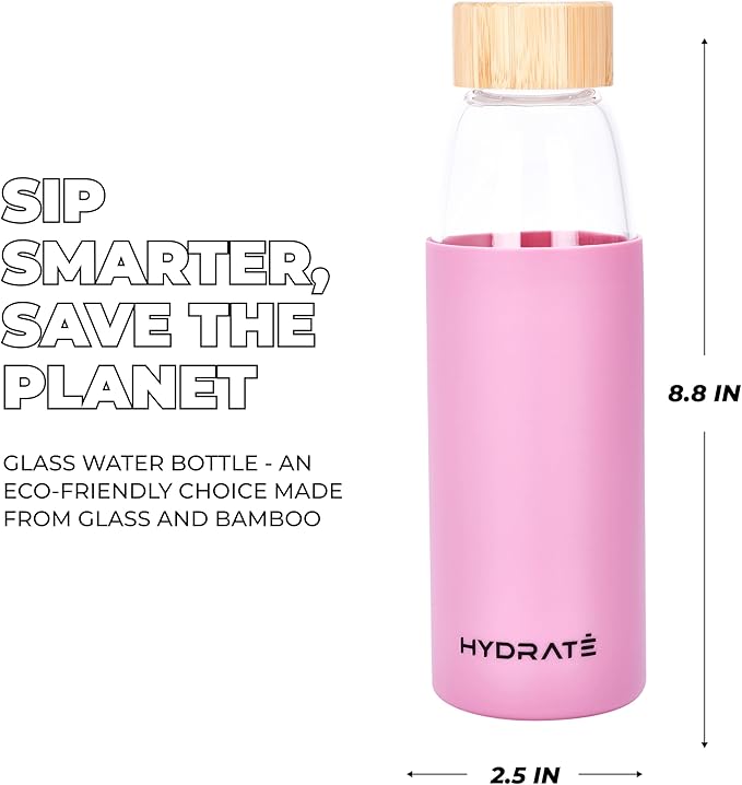 HYDRATE Bottles 20oz Glass Water Bottle with Bamboo Lid - Clear Refillable Bottle with Pink Silicone Sleeve - Leak-Proof Lid - Classic Design for Extra Convenience - Ideal for Drinking Water, Juice