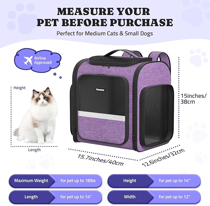 Pawtners Dog Carrier Backpacks Large Cat Backpack with Anti-Scratch Mesh, Foldable Designed Pet Backpack Carrier for Kitten Small Dogs & Large Cats Up to 18 Lbs, Dog Carrier for Travel Outdoor