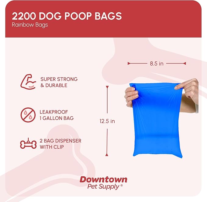 Downtown Pet Supply Poop Bags for Dogs with Dispenser, 2200 Count - Leak-Proof Dog Waste Bags and Bone-Shaped Dog Poop Bags Holder for Leash - Rainbow of Colors, 12.5" x 8.5"