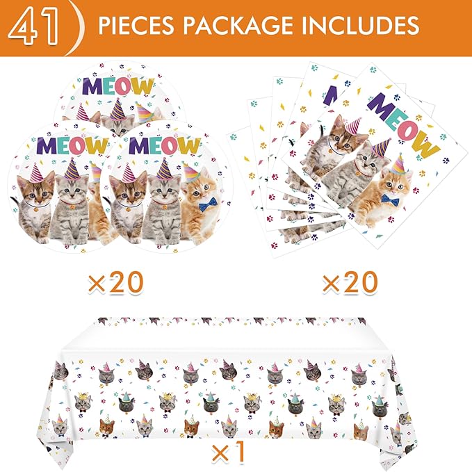 41Pcs Cat Theme Party Supplies - Kitten Birthday Party Decorations Include 20 Paper Plates, 20 Napkins and 1 Tablecloth