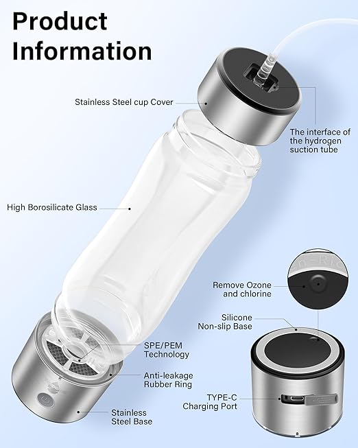 Hydrogen Water Bottle, Hydrogen Water Bottle Generator with SPE PEM Technology Water Ionizer, Hydrohealth Hydrogen Water Machine Improve Water in 3 Mins for Home, Office, Travel, Daily Drinking