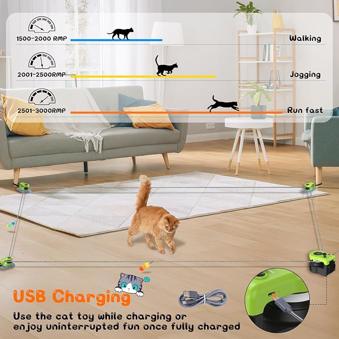 Interactive Cat Toy for Indoor - Automatic Cat Treadmill with Remote Control, 3 Speeds, Quiet Motor | Indoor Chase Hunting Feather Cat Gift for Fitness, Playtime & Energy Release (Green)