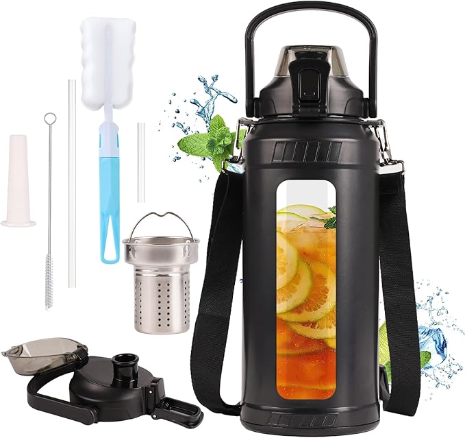 48oz Glass Water Bottle,Inspirational Water Bottle With Straw and Handle,Large Sports Motivational Water Bottle with Strap and Shell For Gym,Sports,Daily (48 oz)