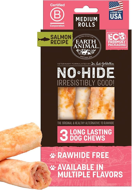Earth Animal No-Hide Rolls Salmon Recipe Medium Natural Rawhide Alternative Dog Chews - 3 Count Value Pack