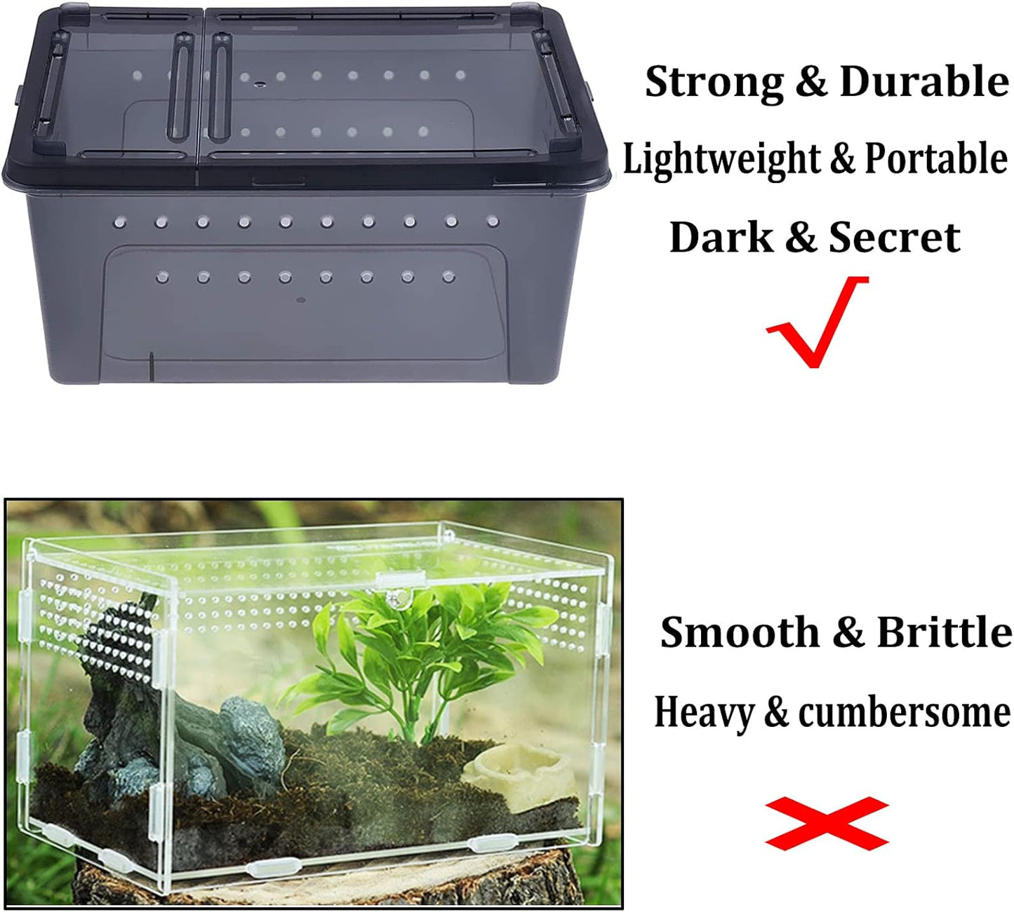 PINVNBY Reptile Enclosure Terrarium 2-Pack - 12.6"x8.7"x5.9" Multi-Purpose Transparent Plastic Habitat Cage for Gecko Scorpion Spider Snake Breeding Feeding & Cricket Keeper with Ventilated Lid, Black