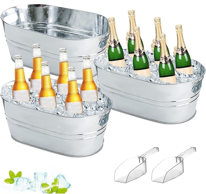 3Pcs Ice Buckets for Parties, 4 Gallon Small Metal Bucket Galvanized Ice Tub Stainless Steel Beverage Drink Buckets Bulk with 2Pcs Ice Scoops, Each for 5-6 Bottles of Beer Wine Champagne