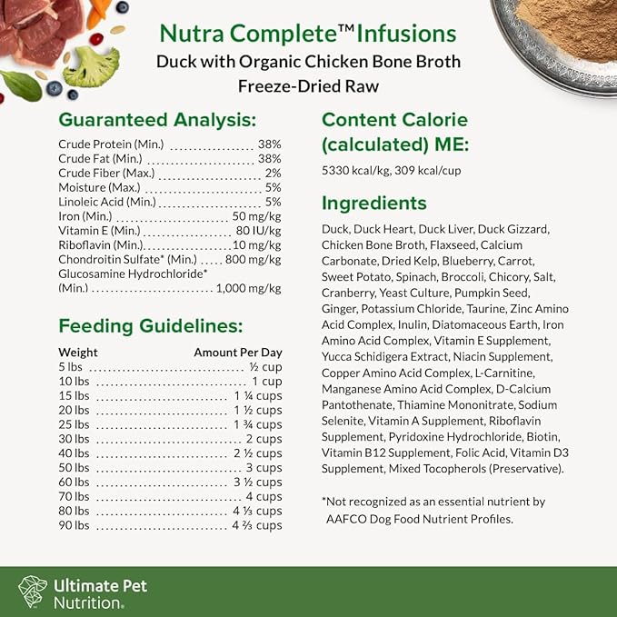 ULTIMATE PET NUTRITION Nutra Complete Bone Broth Infusions, 100% Freeze Dried Raw Veterinarian Formulated Dog Food with Antioxidants Prebiotics and Amino Acids (3 Pound, Bone Broth Duck)