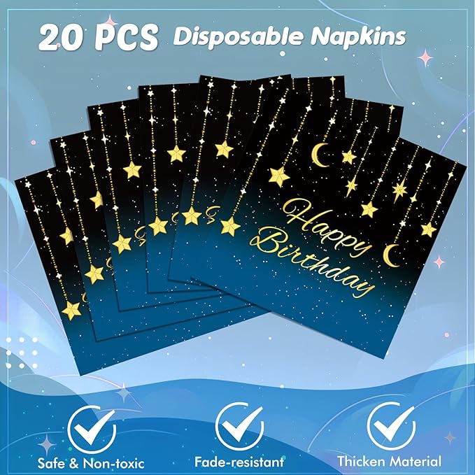 41Pcs Happy Birthday Party Decorations, Galaxy Night Party Tableware Set Includes 20 Plate 20 Napkins and 1 Tablecloth, Blue Starry Sky Birthday Theme Party Supplies for Mens Women Party Favors