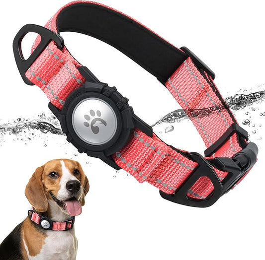 TagME Airtag Dog Collar,Waterproof Reflective Pet Collar with Airtag Holder,Soft Padded and Double D-Rings for Medium Dogs,Baby Pink