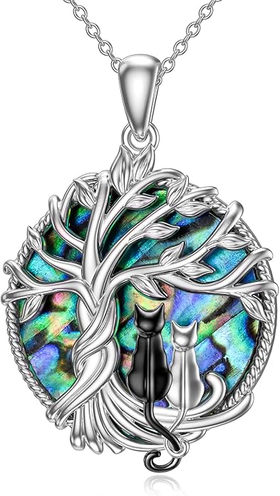 TOUPOP Cat Gifts for Cat Lovers Sterling Silver Cute Cat Tree of Life Pendant Necklace with Blue Circle Crystal Birthday Christmas Jewelry Gifts for Women