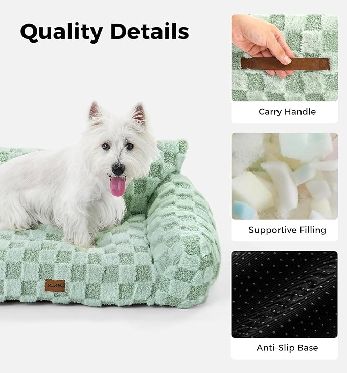 MADE 4 PETS Cat Beds for Indoor Cats, Cat Couch Bed, Soft Faux Fur Checkered Pet Sofa, Calming Fluffy Kitten Sofa with Supportive Foam, Removable Washable Cover with Non-Slip Base, Green, Small