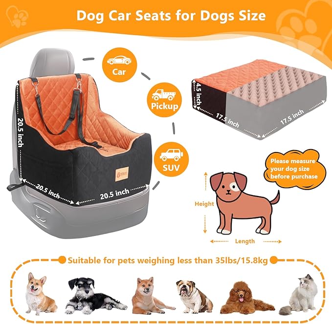 Dog Car Seat for Small/Medium Dogs Under 40lbs, Dog Booster Car Seats Memory Foam and Velvet, Detachable and Washable Pet Booster Carseats with Clip-On Satebelt and Storage Bag.(Black/Brown)