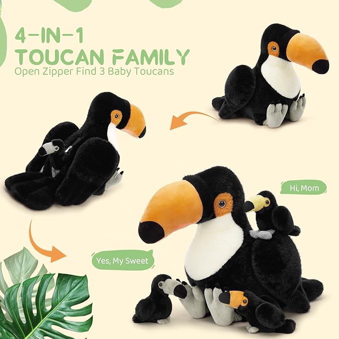 MorisMos 24" Giant Toco Toucan Stuffed Animal Mommy with 3 Baby Toucan Toys for Kid Girl Boy,Realistic Black Bird Plush with Baby Bird Toys Gift for Birthday,Tropical Rainforest Stuffed Animals Decor